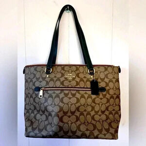 COACH Gallery Tote In Signature Canvas Top Zip Tan Brown Dark Green 79609 EUC